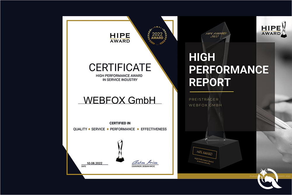 HIPE AWARD für WEBFOX GmbH - Google Partner, Website Erstellung, SEA Agentur